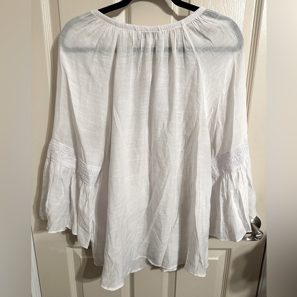 Counterparts Sheer Boho Tunic Blouse w Tie Front & 3/4 Bell Sleeves, White, Sz L - Picture 6 of 6